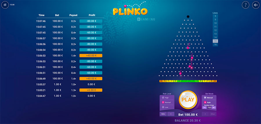Permainan kasino Plinko dalam talian.